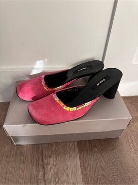 DKNY Hot Pink Suede Sequin-Trim Block Heel Mules